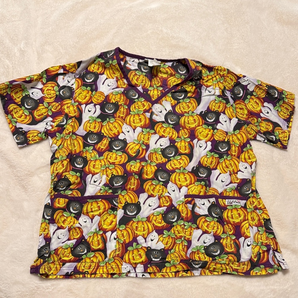 Halloween Themed Scrub Top with Ghost and Pumpkin Print